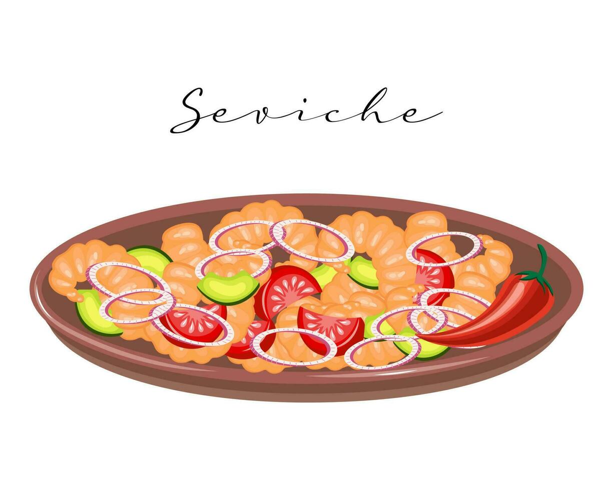 ceviche de salada de frutos do mar. salada de camarão, abacate, tomate e cebola, cozinha latino-americana. cozinha nacional do peru. ilustração de comida, vetor