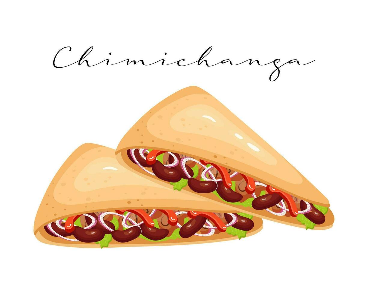 pão sírio com carne, pimentão e feijão, chimichanga, cozinha latino-americana. cozinha nacional do méxico. ilustração de comida, vetor