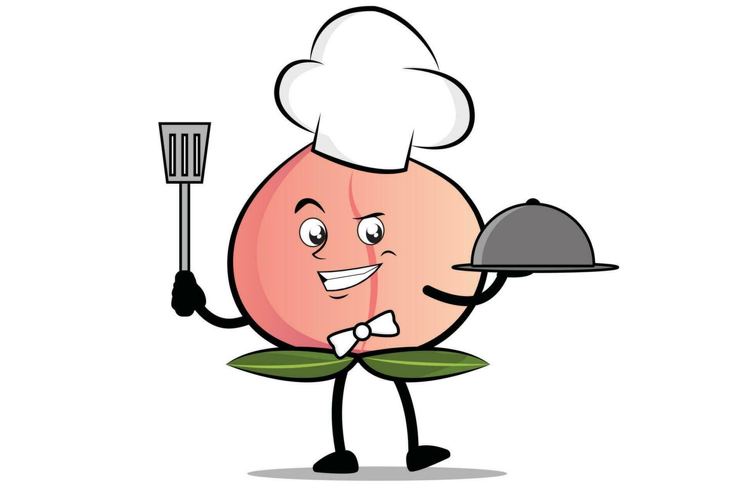 pêssego desenho animado mascote ou personagem Como uma chefe de cozinha segurando a espátula e servindo prato vetor