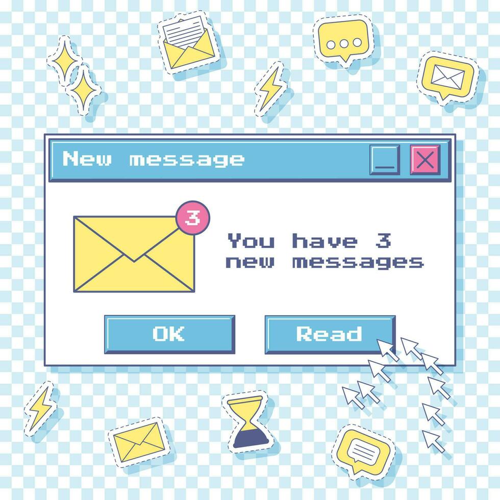 modelo para social redes com uma retro janela com notificação do Novo mensagens. ano 2000 adesivos ícones do mensagem, Comente, envelope, ampulheta. velho computador ui Projeto. vetor ilustração em uma azul