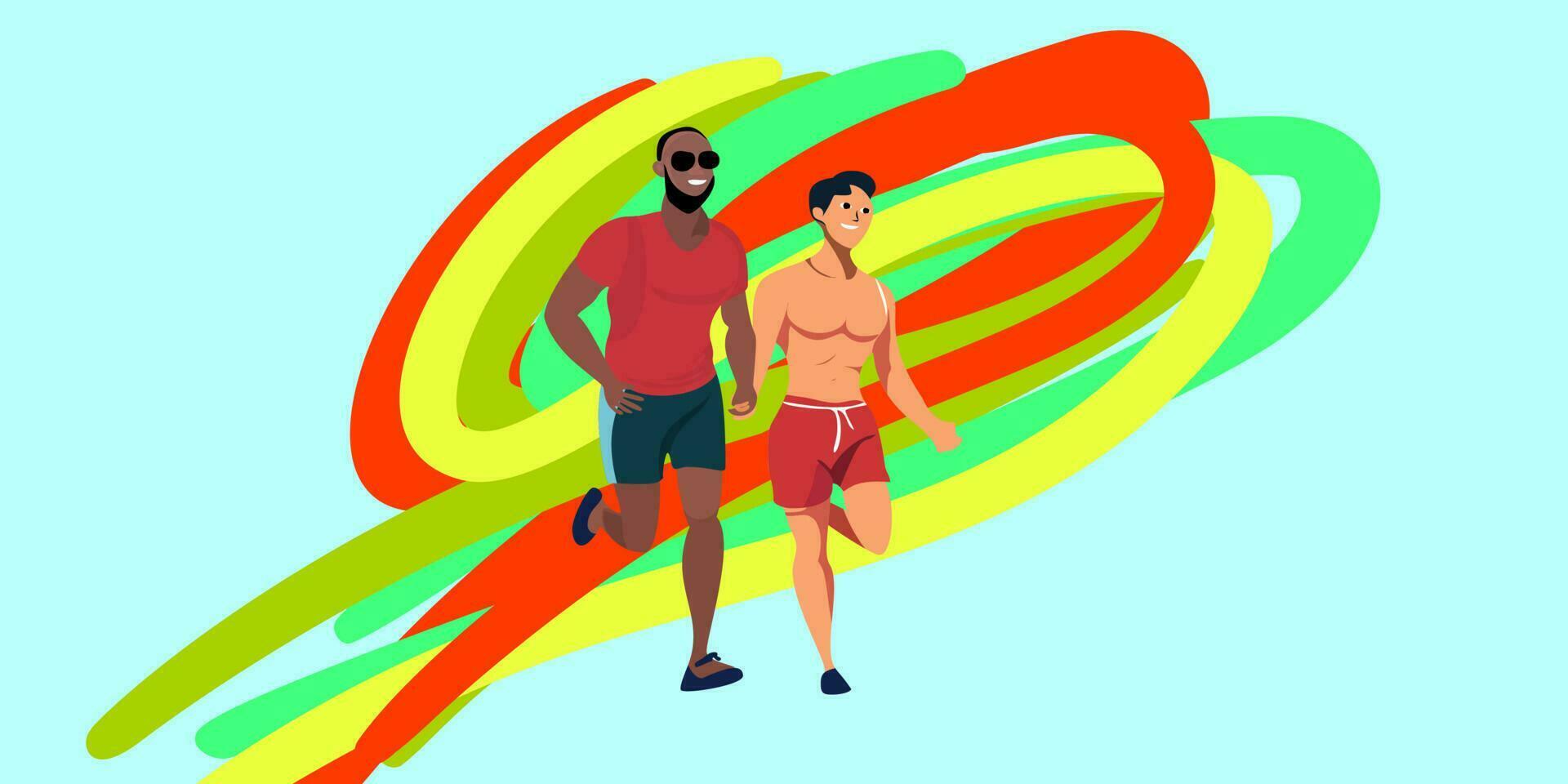 lgbtq comunidade conceito. feliz jovem gay corrida com lgbt arco Iris bandeira corrida juntos e sorridente segurando mão vetor ilustração