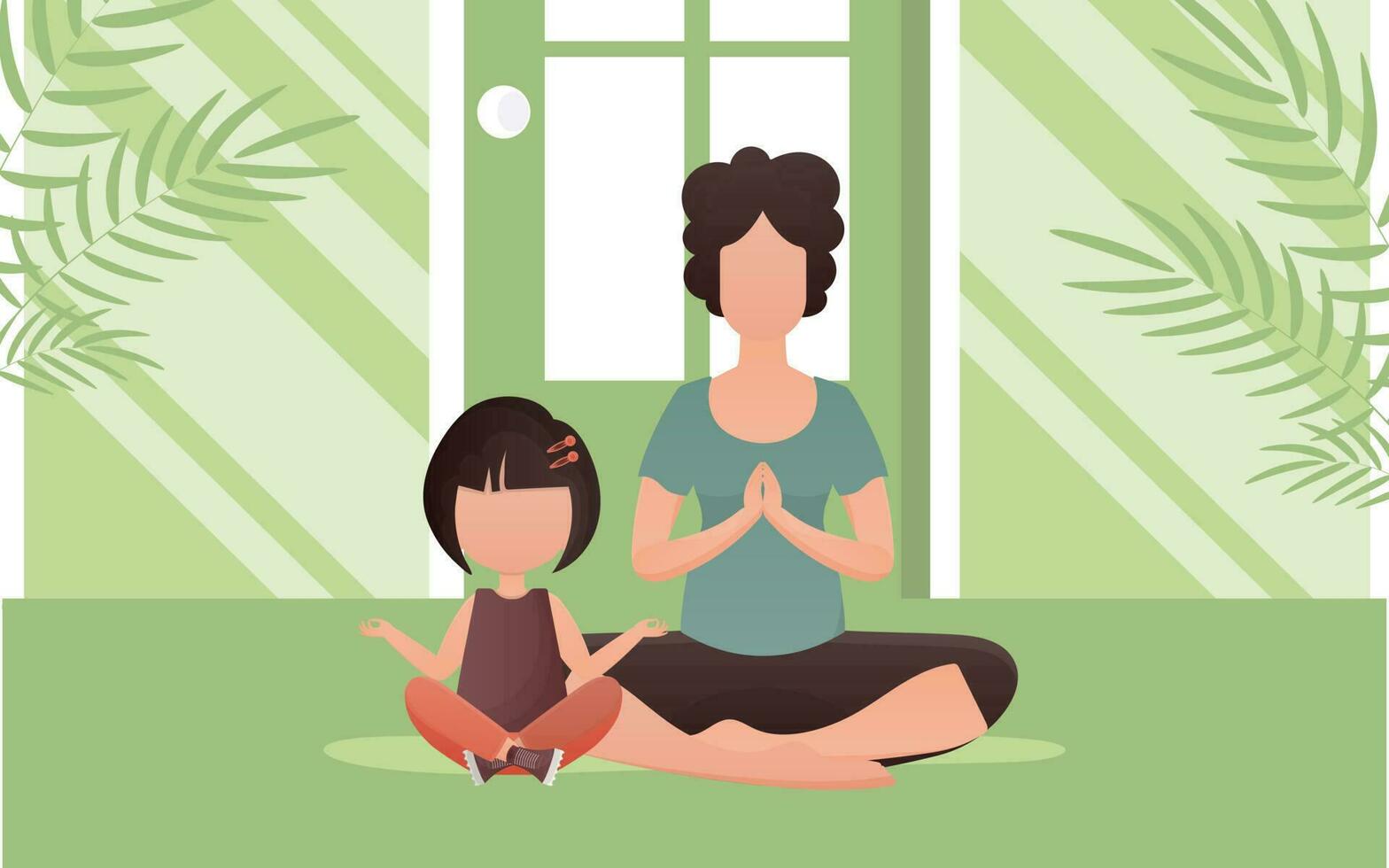 mãe e filha sentar dentro a lótus posição. desenho animado estilo. meditação e concentração conceito. vetor ilustração.