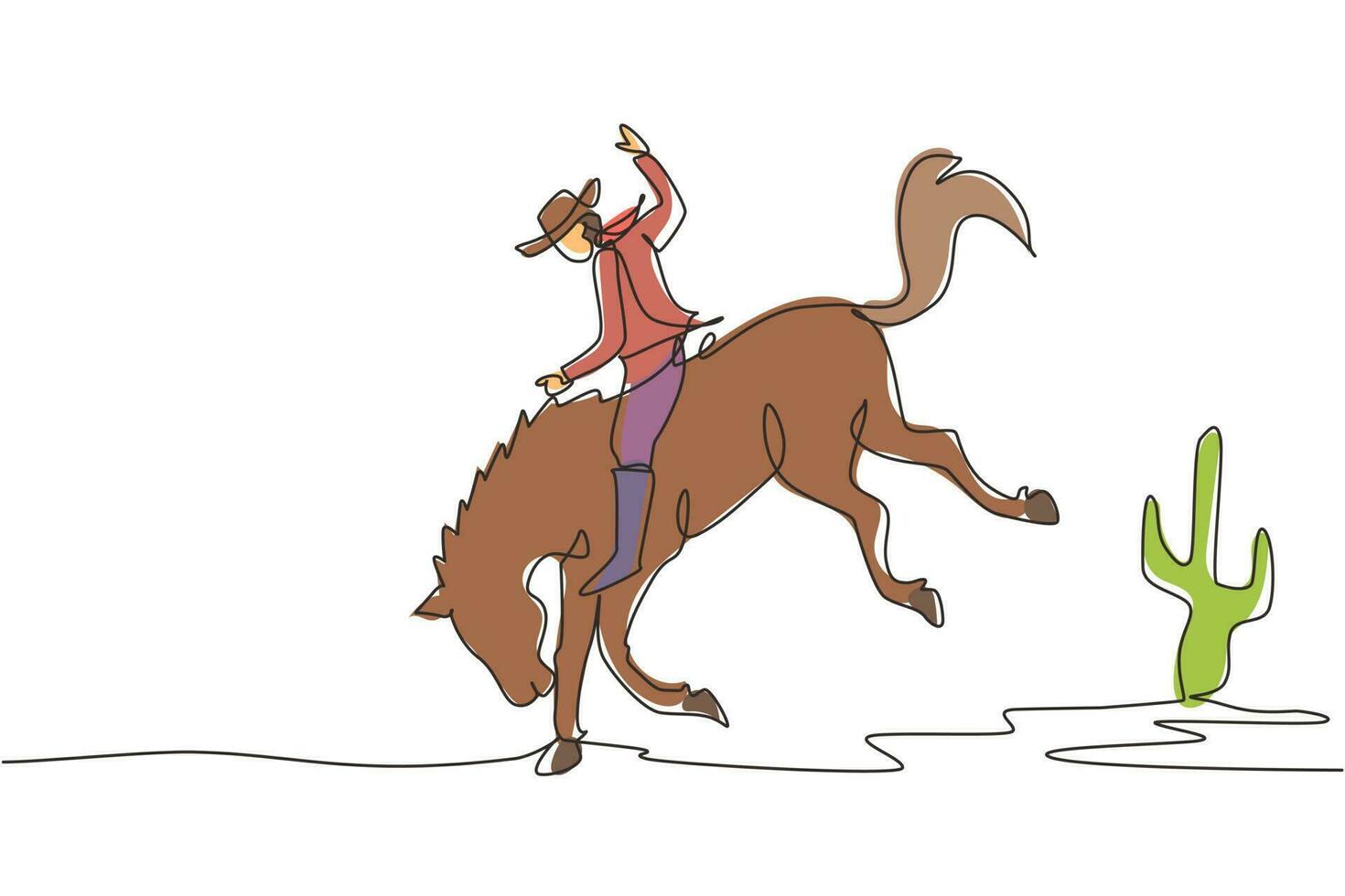 único desenho de linha contínua cowboy no cavalo selvagem mustang. vaqueiro de rodeio cavalgando cavalo selvagem na placa de madeira. cowboy montando corrida de cavalos selvagens. ilustração em vetor design gráfico de desenho gráfico de uma linha dinâmica