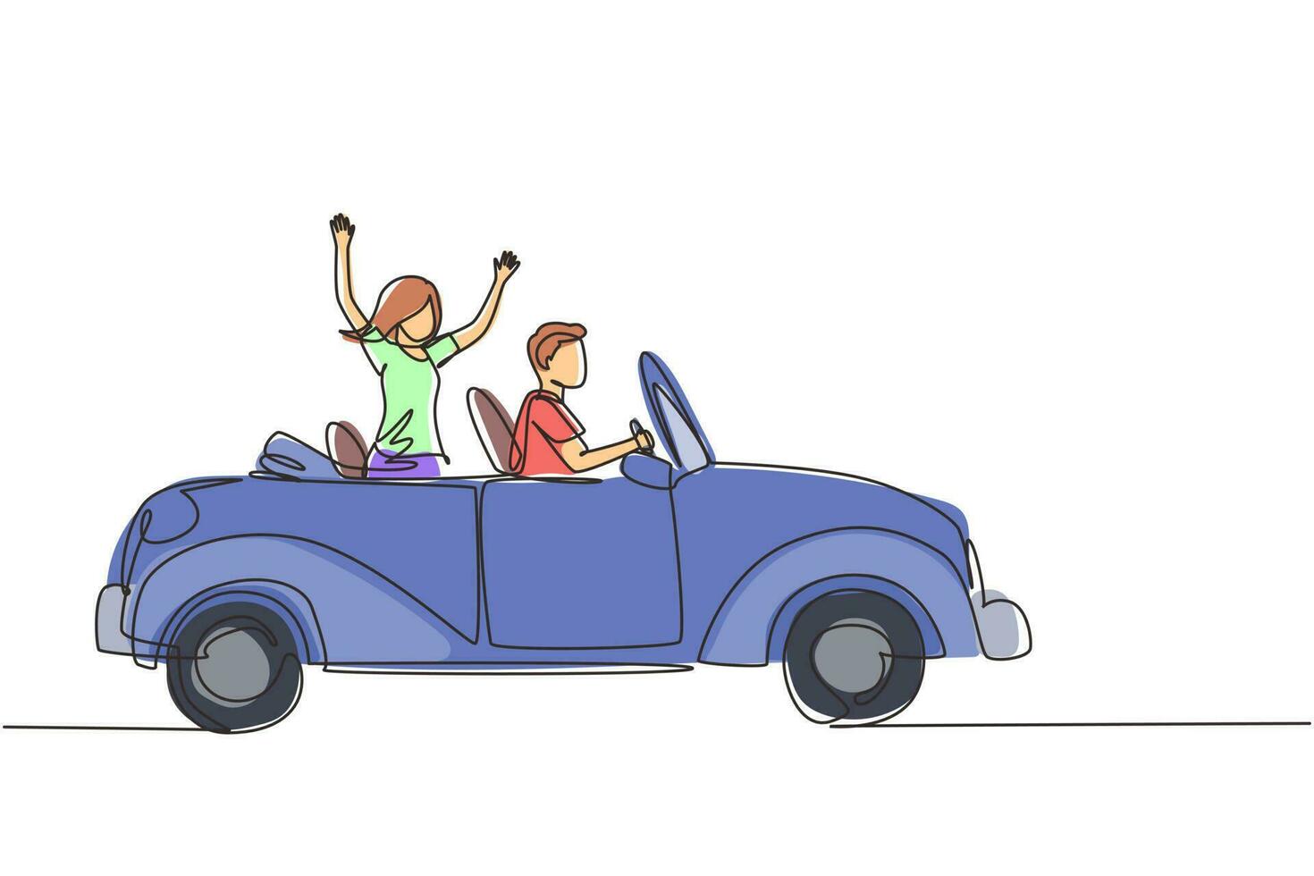 única linha contínua desenhando noivo de casal recém-casado no veículo. homem e mulher felizes andando de carro de casamento. relacionamento romântico de casal. uma linha desenhar ilustração em vetor design gráfico