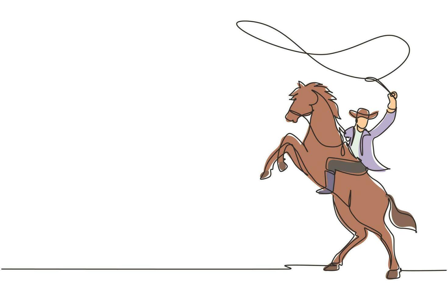 único um cowboy de desenho de linha com laço na criação de cavalo. cowboy com laço de corda no cavalo. cowboy americano andando a cavalo e jogando laço. ilustração em vetor gráfico de desenho de linha contínua