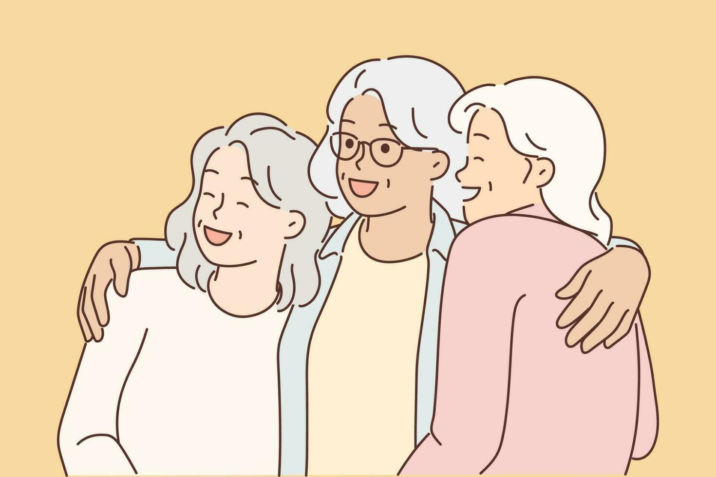 três idosos mulheres rir e abraço para primeiro Tempo tendo conheceu depois de grandes separação. idosos de cabelos brancos amigas relaxante juntos desfrutando aposentadoria e feliz velho era conduzir ativo estilo de vida vetor