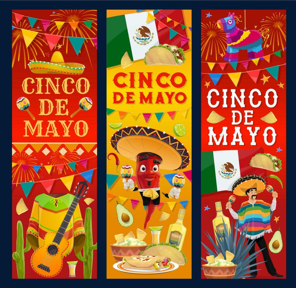 cinco de maionese vetor bandeiras, desenho animado mariachi