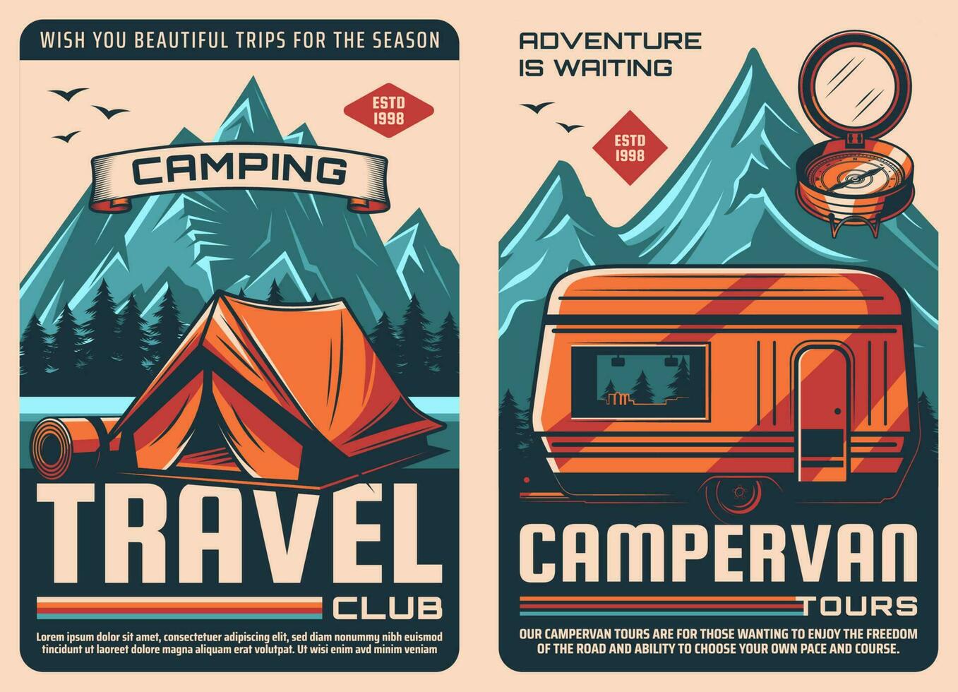 viagem, acampamento furgão retro cartazes, ao ar livre turismo vetor