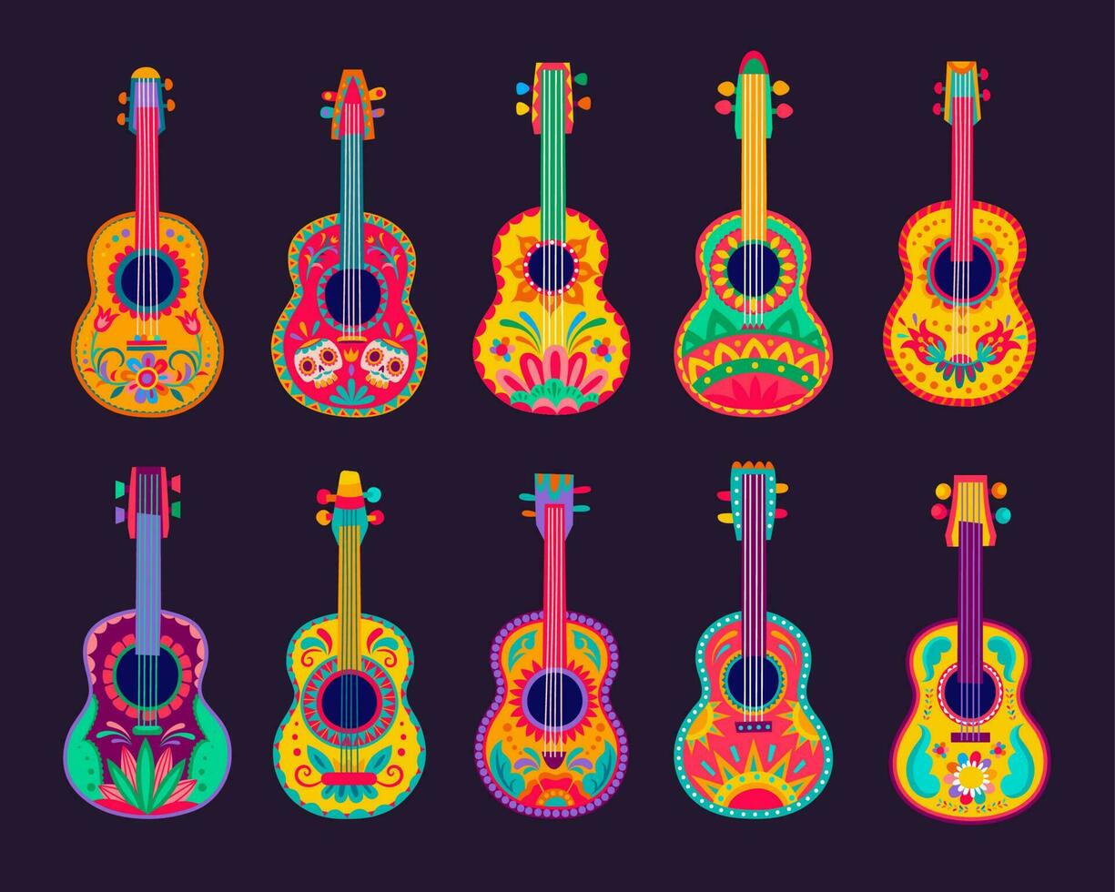 desenho animado mexicano guitarras, mariachi música instrumento vetor
