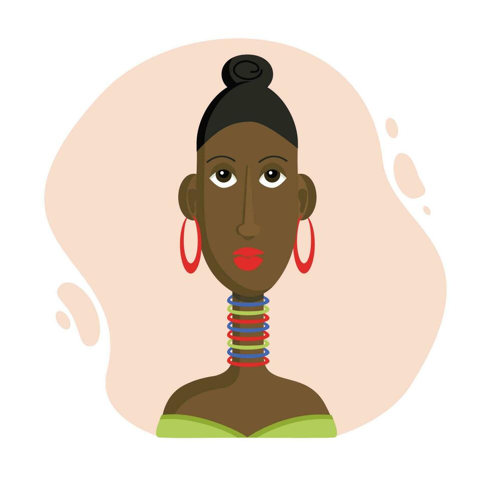 uma lindo jovem Preto mulher dentro étnico joia. retrato desenho animado menina com Sombrio pele. vetor ilustração.