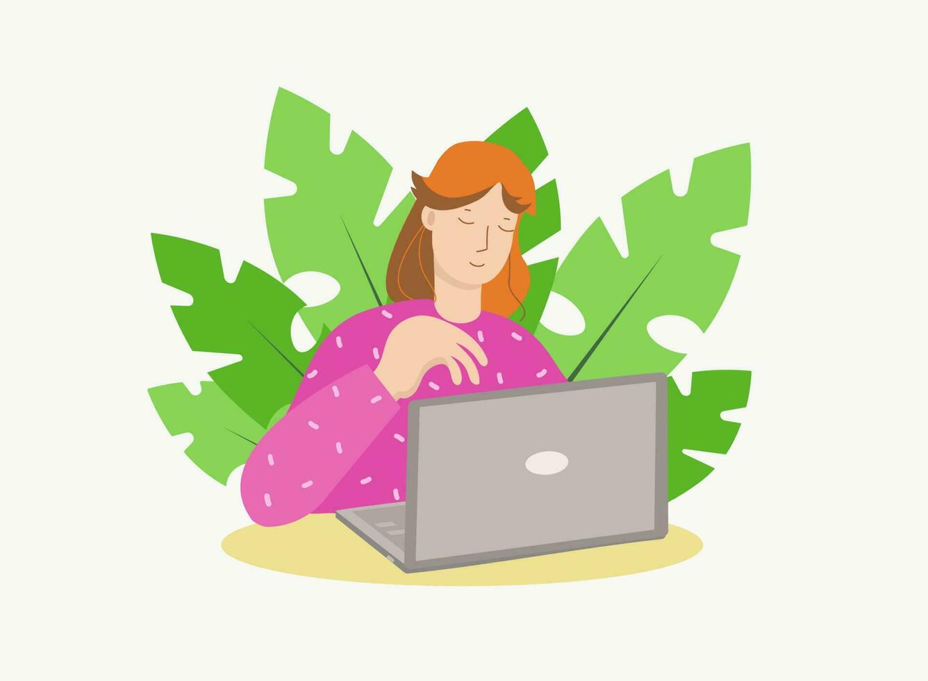 garota, uma jovem mulher trabalho dentro a escritório às a computador. computador portátil, trabalhos a partir de lar. conectados aprendizado. plantas, folhas, decoração. vetor ilustração, fundo isolado.