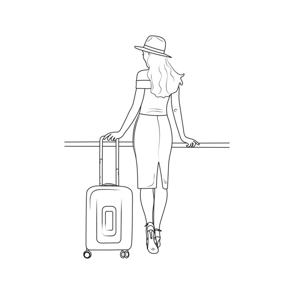 viajante mulher com bagagem. jovem mulher com uma mala. viagem conceito. mão desenhado vetor ilustração.