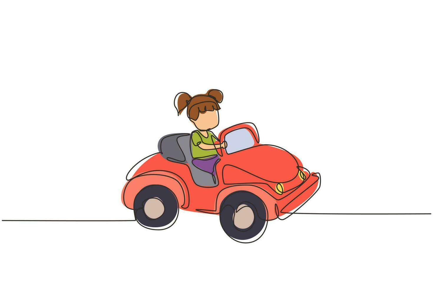 única garota de desenho de linha contínua dirigindo carro, criança feliz e fofa. menina sorrindo feliz dirigindo o carro de brinquedo. viagem infantil em carro pequeno. ilustração em vetor design gráfico de desenho gráfico de uma linha dinâmica
