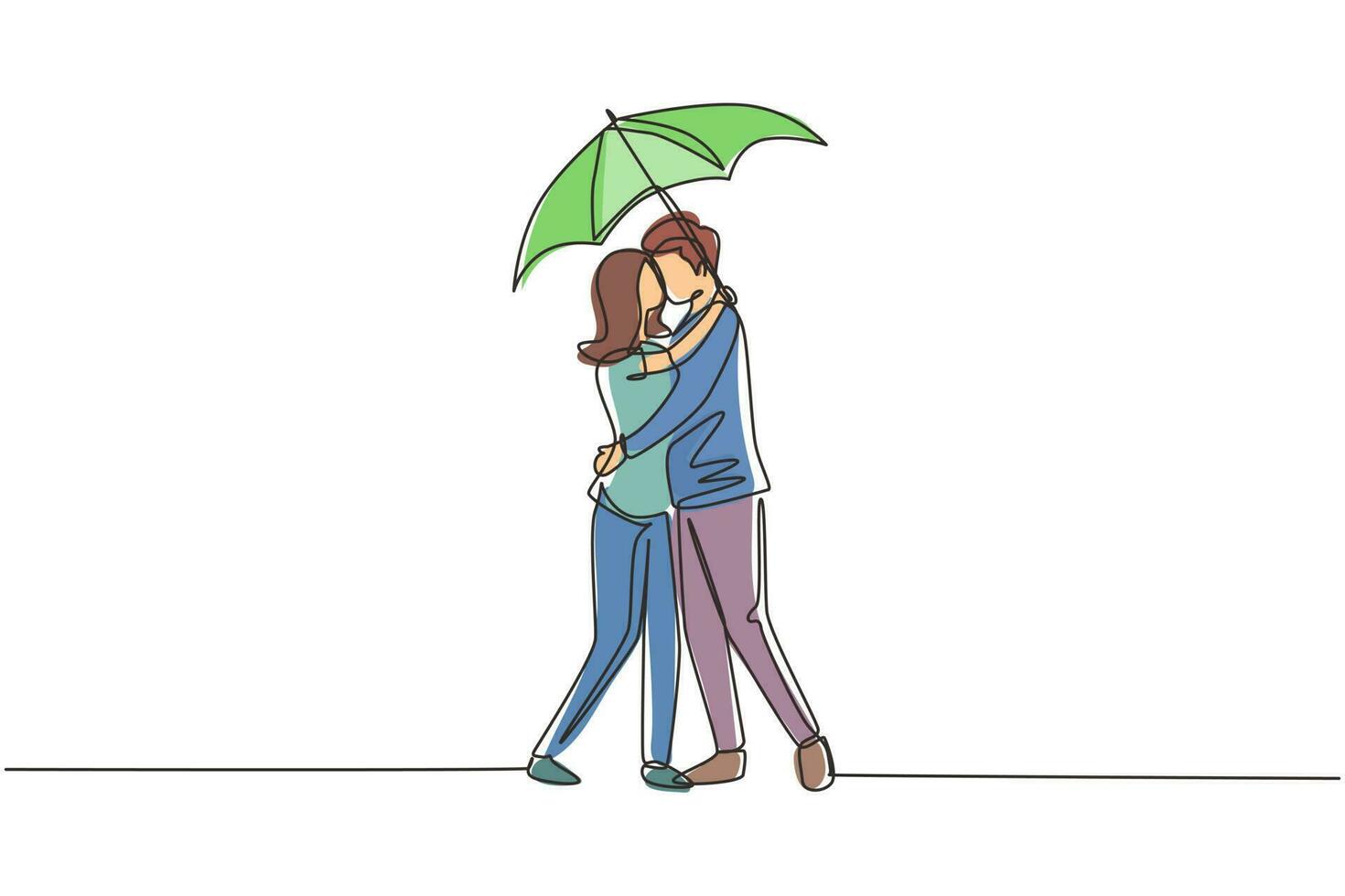 única linha contínua desenho mulher e homem sob o guarda-chuva ficam na chuva e se beijam. amantes do jovem casal se beijando. feliz menino e menina namorando em dia chuvoso. design gráfico de desenho dinâmico de uma linha vetor