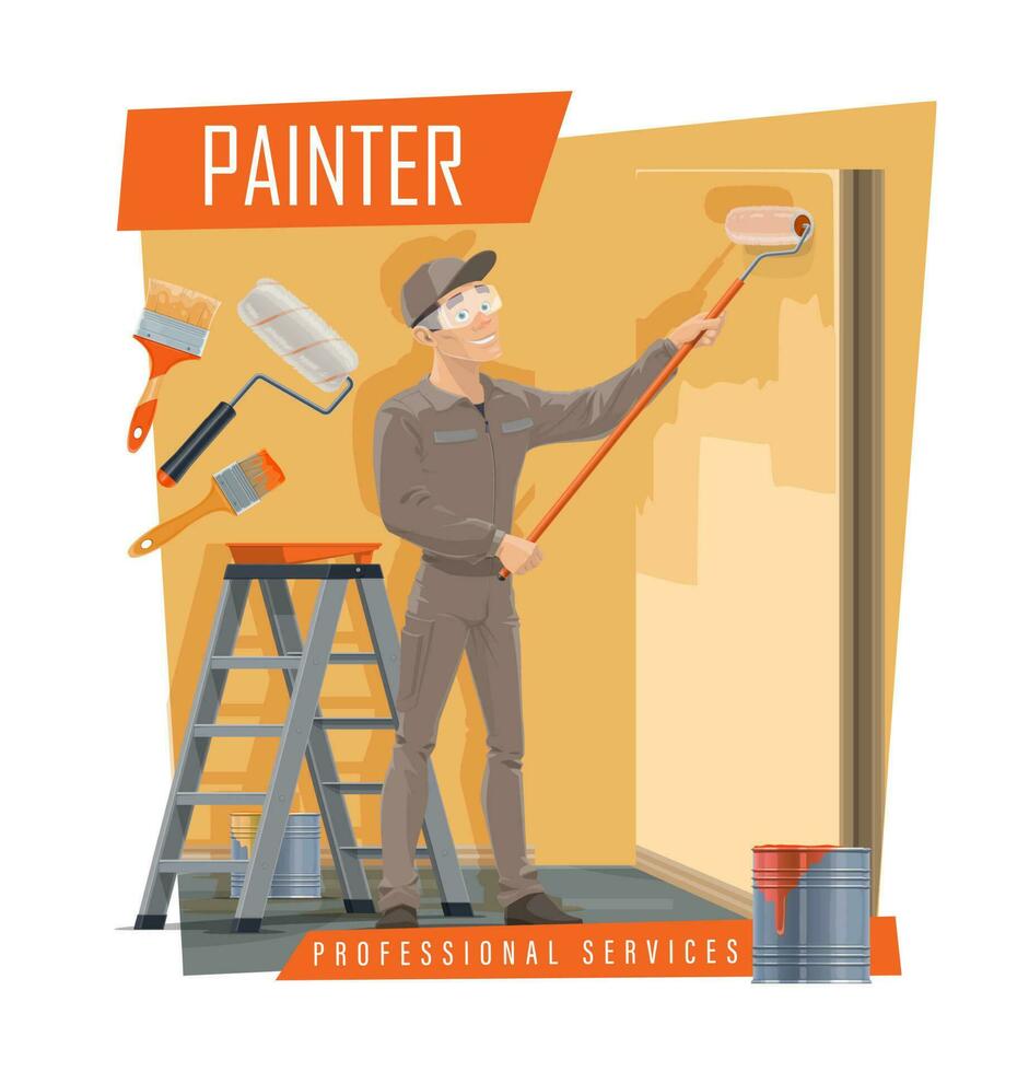casa pintor com trabalhos ferramentas, pintura serviço vetor