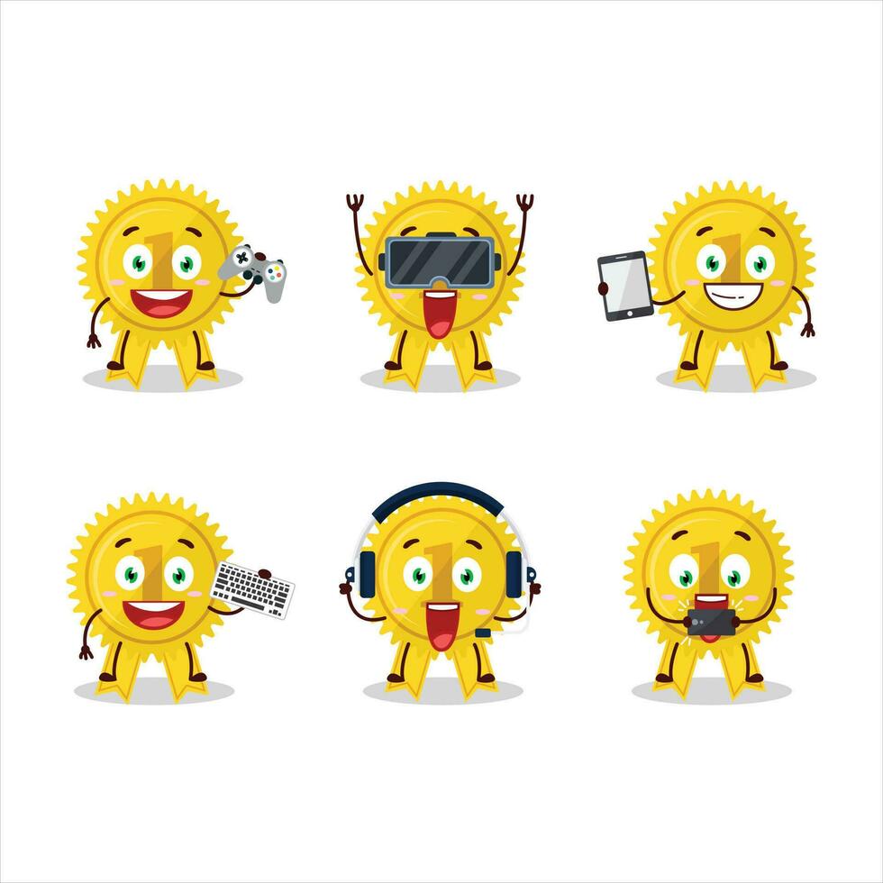 ouro medalha fita desenho animado personagem estão jogando jogos com vários fofa emoticons vetor