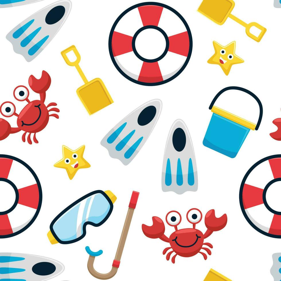 desatado padronizar vetor do verão período de férias elementos. de praia Atividades brinquedos com engraçado caranguejo e Estrela peixe desenho animado