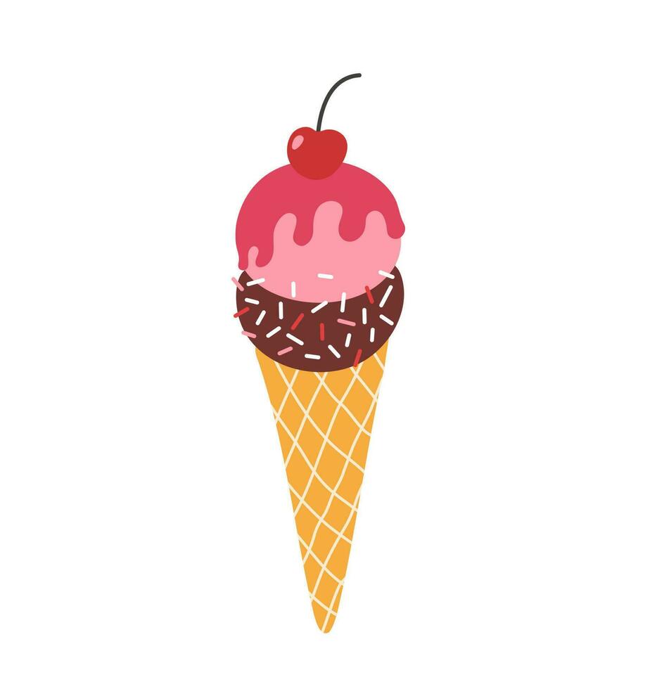 mão desenhar vetor ilustração do gelo creme dentro uma waffle cone. Rosa e chocolate gelo creme bolas com cereja. impressão para uma poster, cartão postal, camiseta.