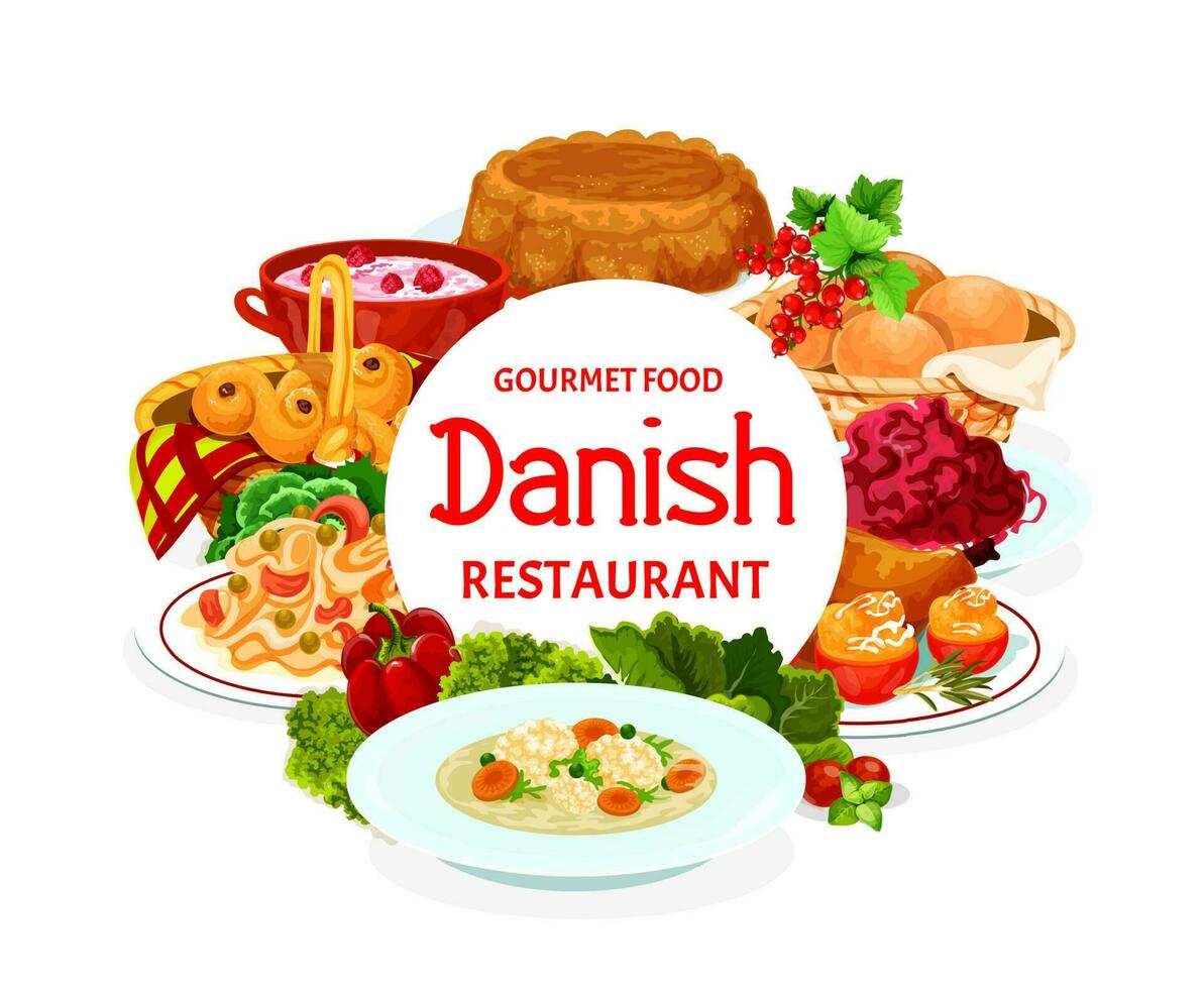 dinamarquês Comida cozinha bufê refeições, cardápio pratos vetor