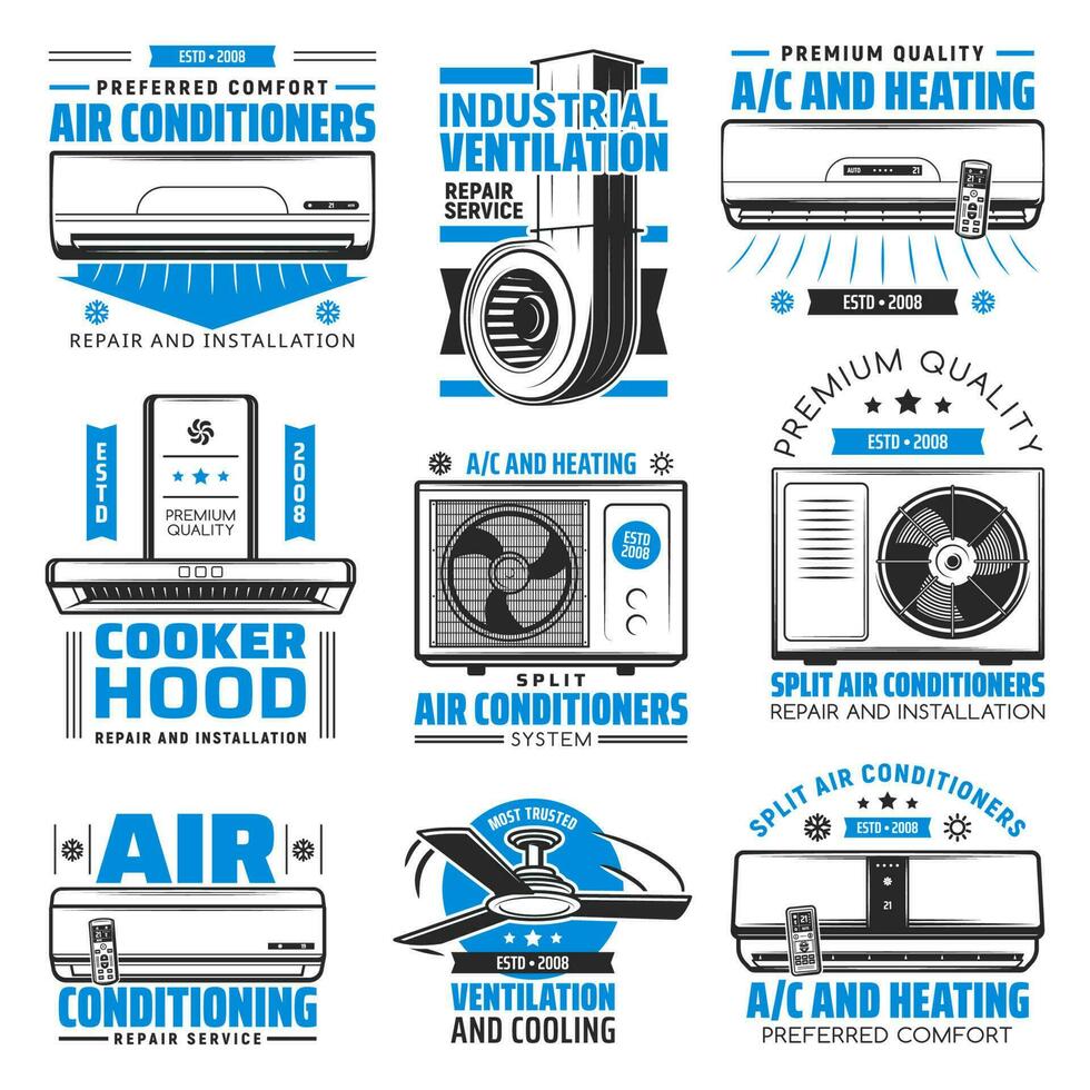 ar condicionamento, aquecimento e cozinhando de capuz ícones vetor