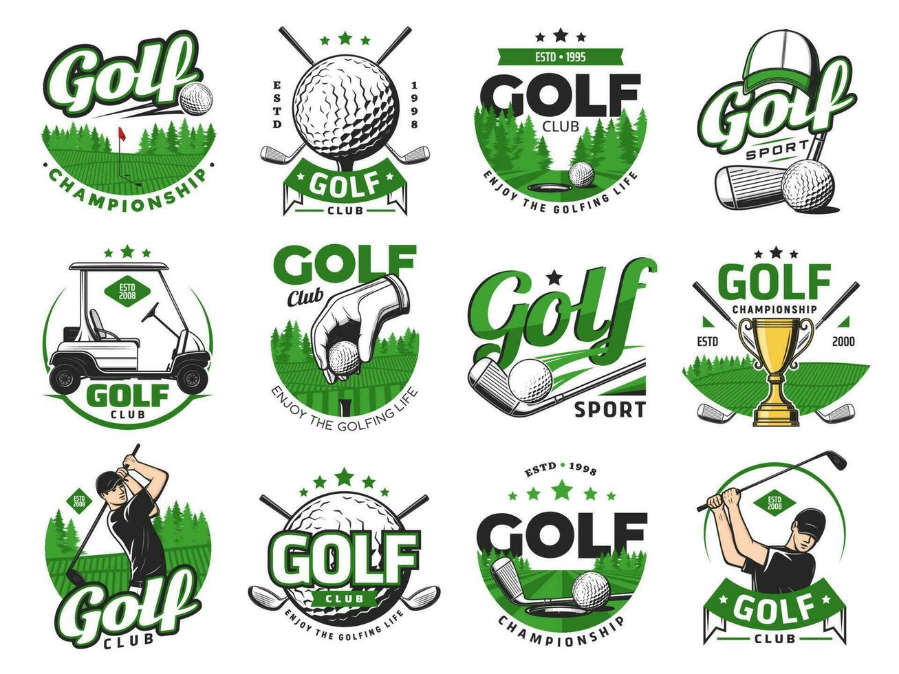 golfe esporte ícones, golfe bolas e clubes emblemas conjunto vetor