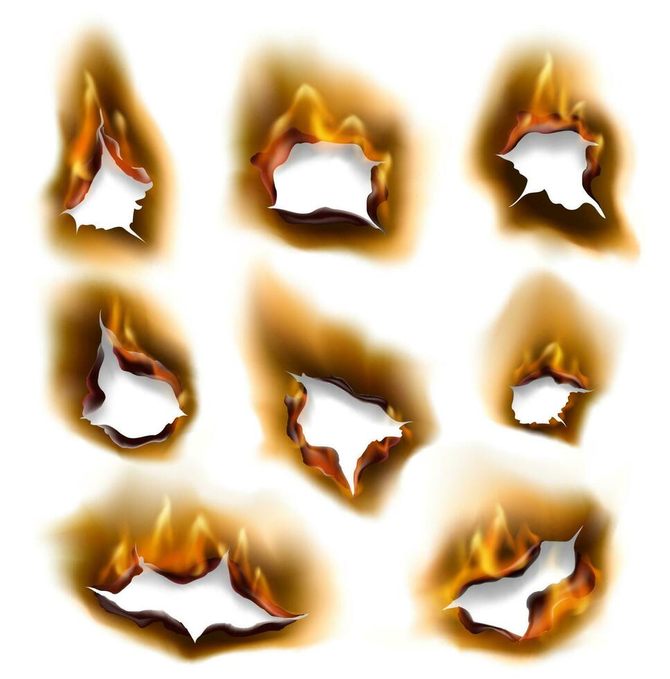 realista queimando fogo chamas, queimado papel buracos vetor