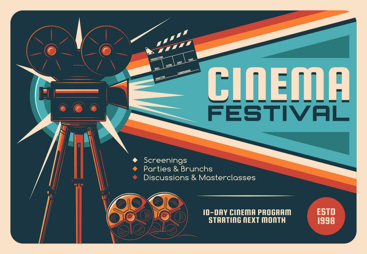 cinema festival, cinematografia evento retro poster vetor