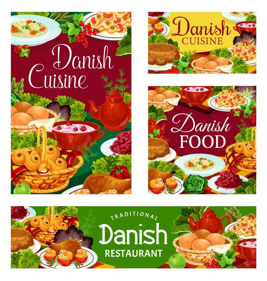 dinamarquês cozinha Comida cardápio pratos, restaurante refeições vetor