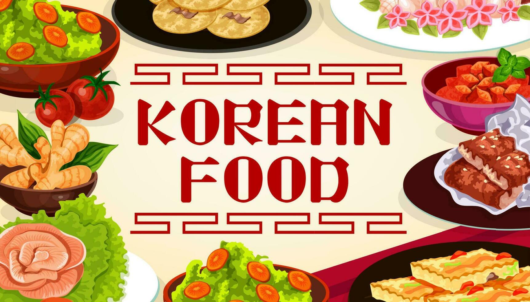 coreano comida, ásia cozinha autêntico pratos cardápio vetor