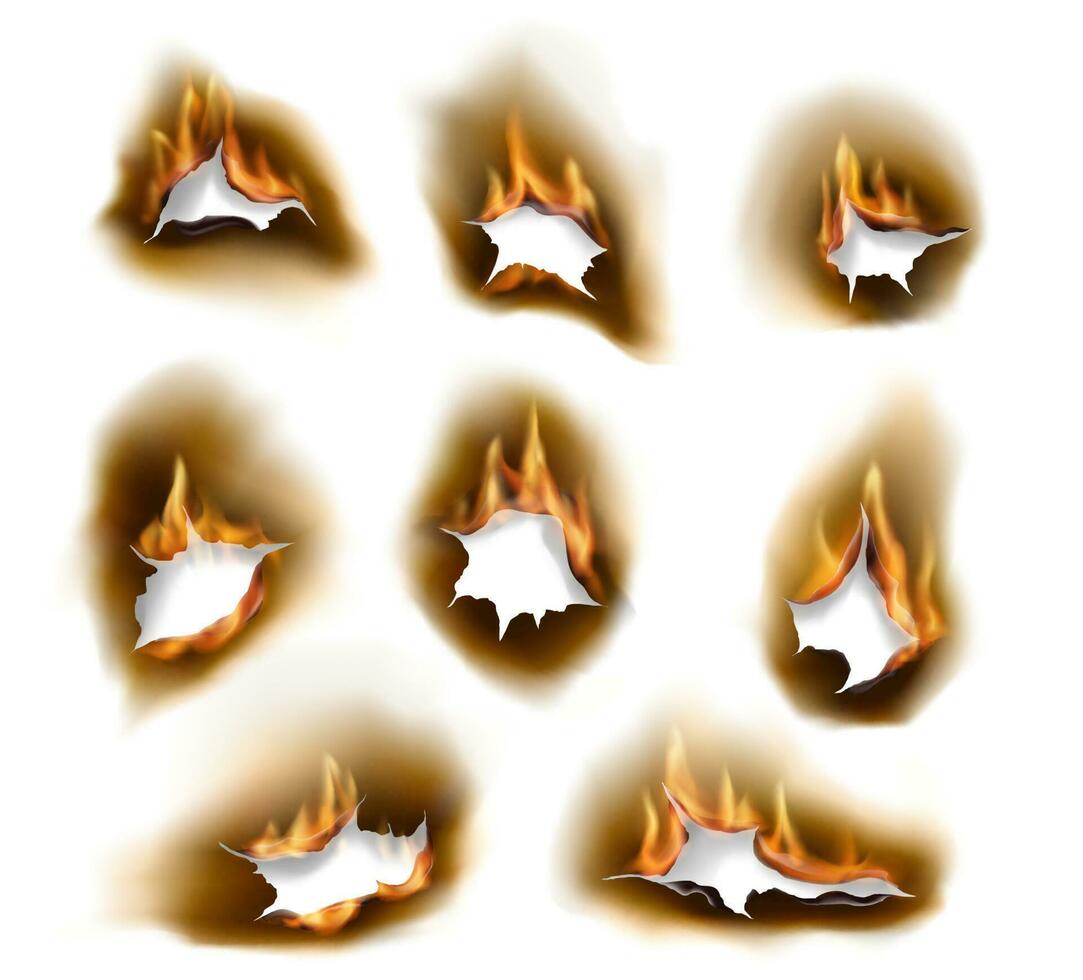 queimado papel buracos, realista vetor queimar fogo