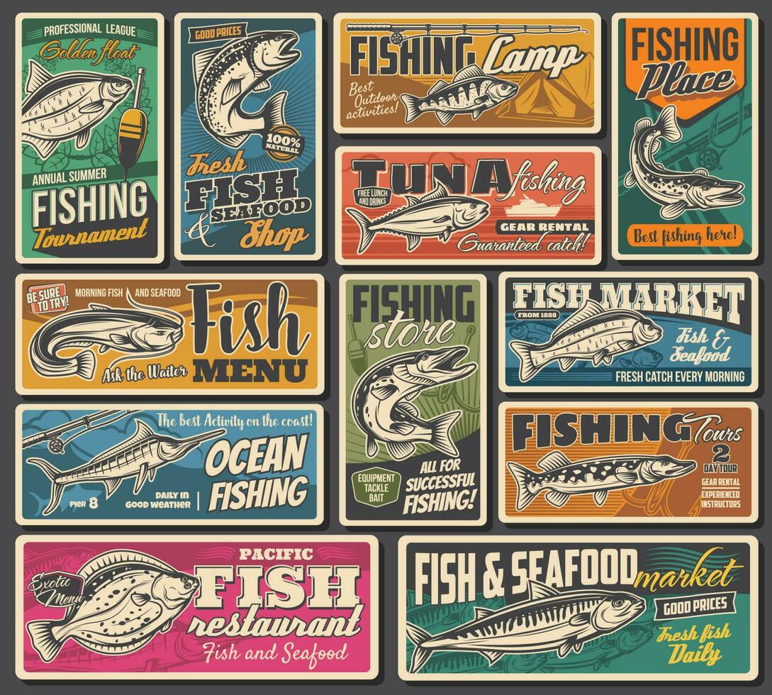 pescaria, frutos do mar e peixe mercado cartazes retro vetor