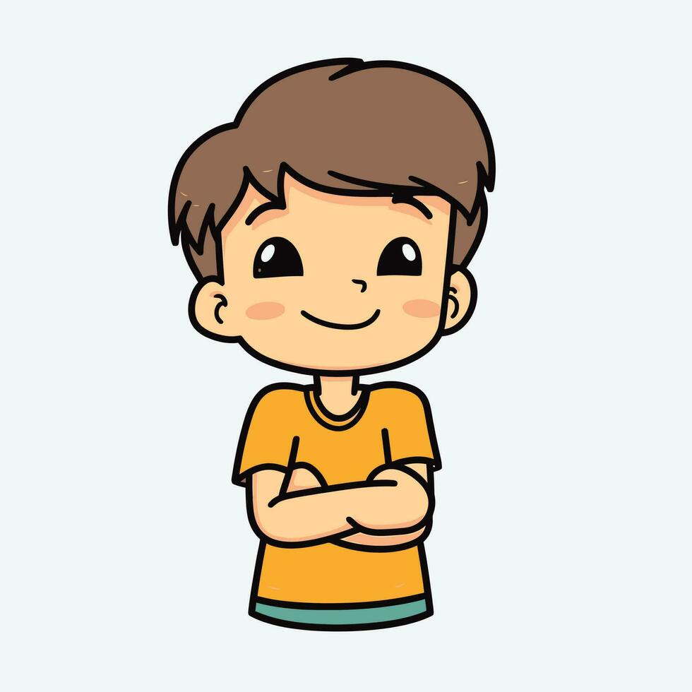 menino bonito dos desenhos animados está em uma pose confiante, braços cruzados sobre o peito. ilustração em vetor colorido crianças isoladas.