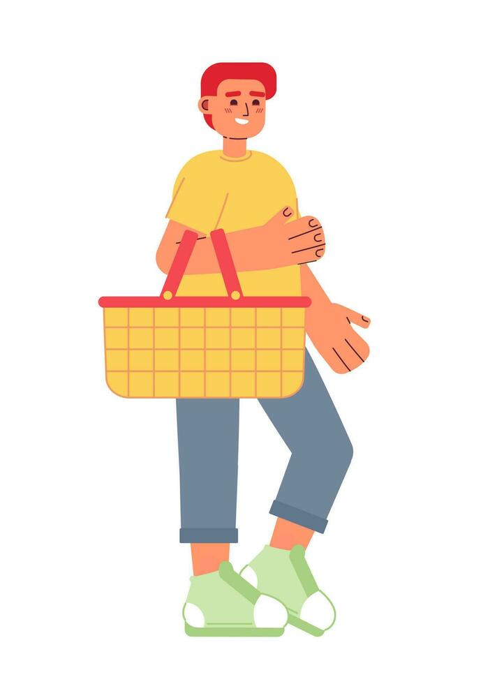 sorridente masculino cliente com compras cesta semi plano colorida vetor personagem. comprador. editável cheio corpo pessoa em branco. simples desenho animado local ilustração para rede gráfico Projeto e animação