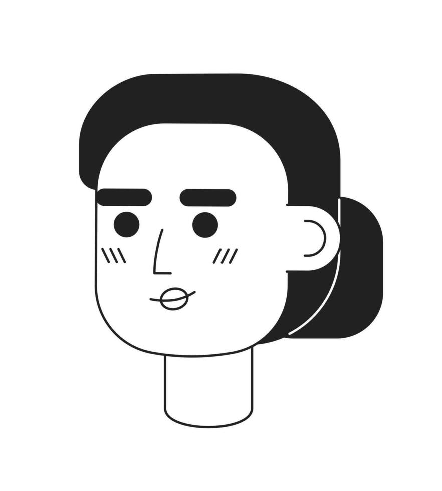 educado sorridente mulher com pão Penteado monocromático plano vetor personagem cabeça. editável Preto branco desenho animado face emoção. mão desenhado lineart tinta local ilustração para rede gráfico projeto, animação