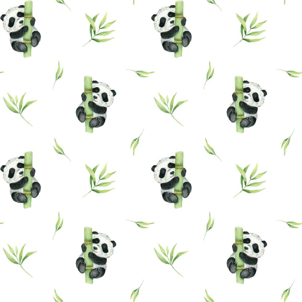 fofa panda é segurando em para uma bambu talo, bambu folhas. aguarela desatado padronizar. ásia cultura. para têxteis, embalagem, papel de parede, cartões postais. vetor