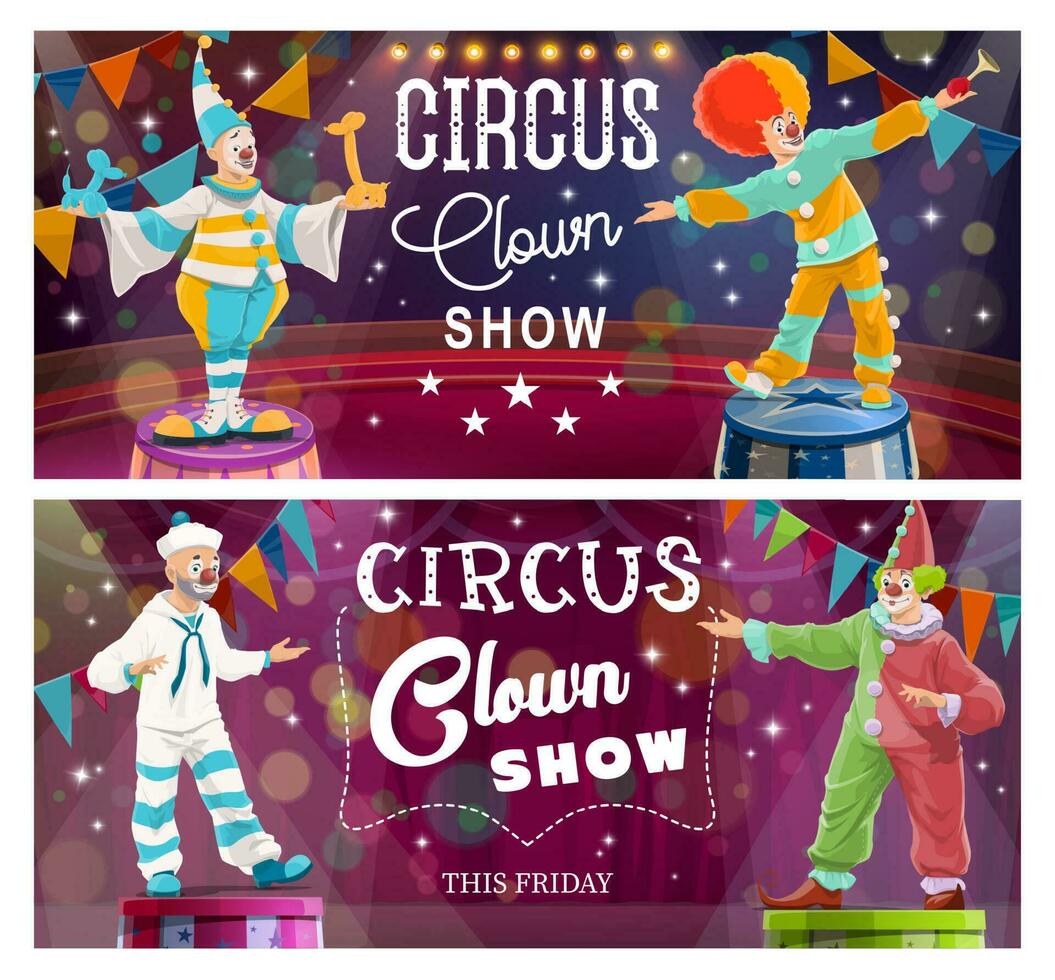 palhaços em grande topo circo arena desenho animado vetor