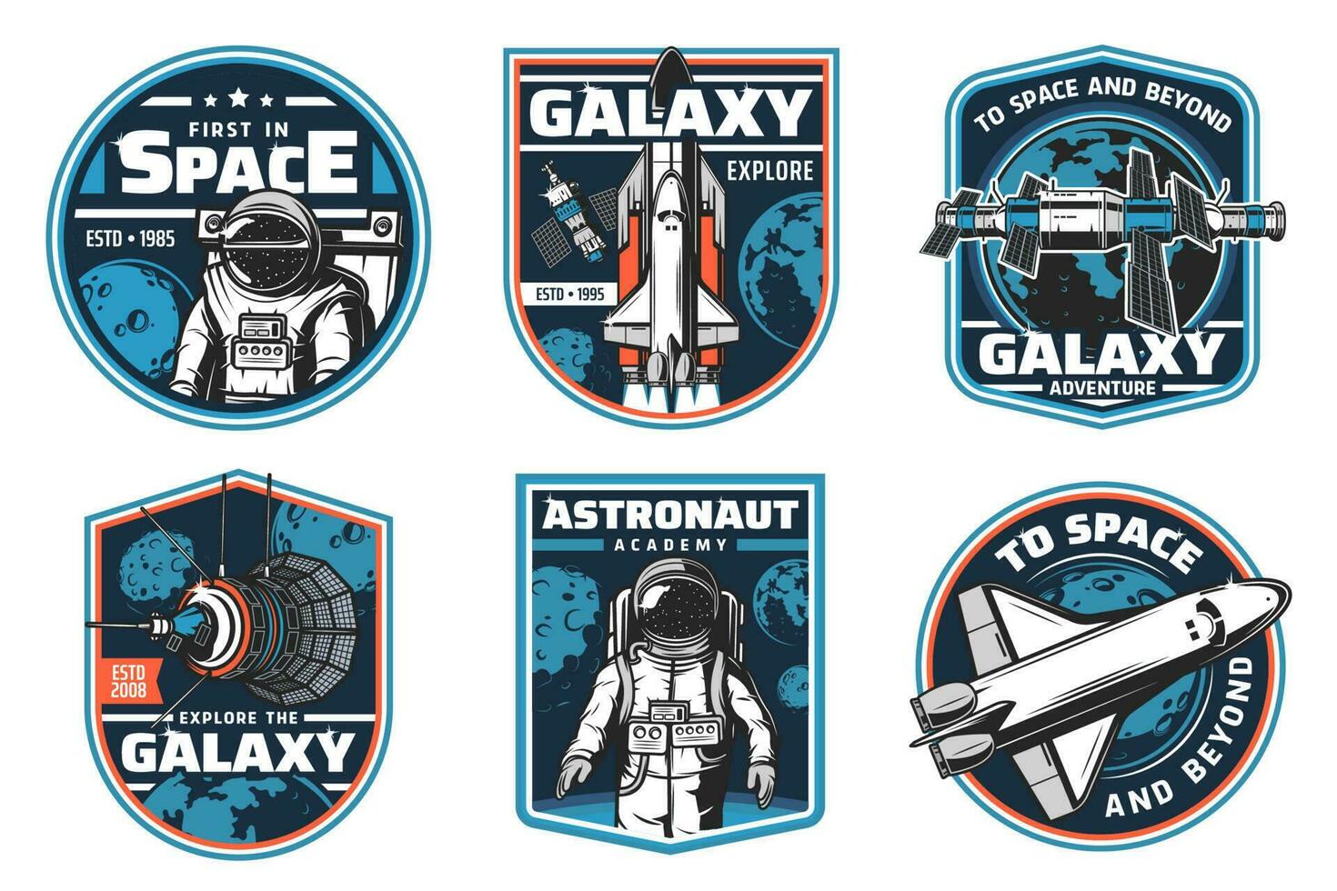 astronauta Academia, galáxia explorar vetor ícones
