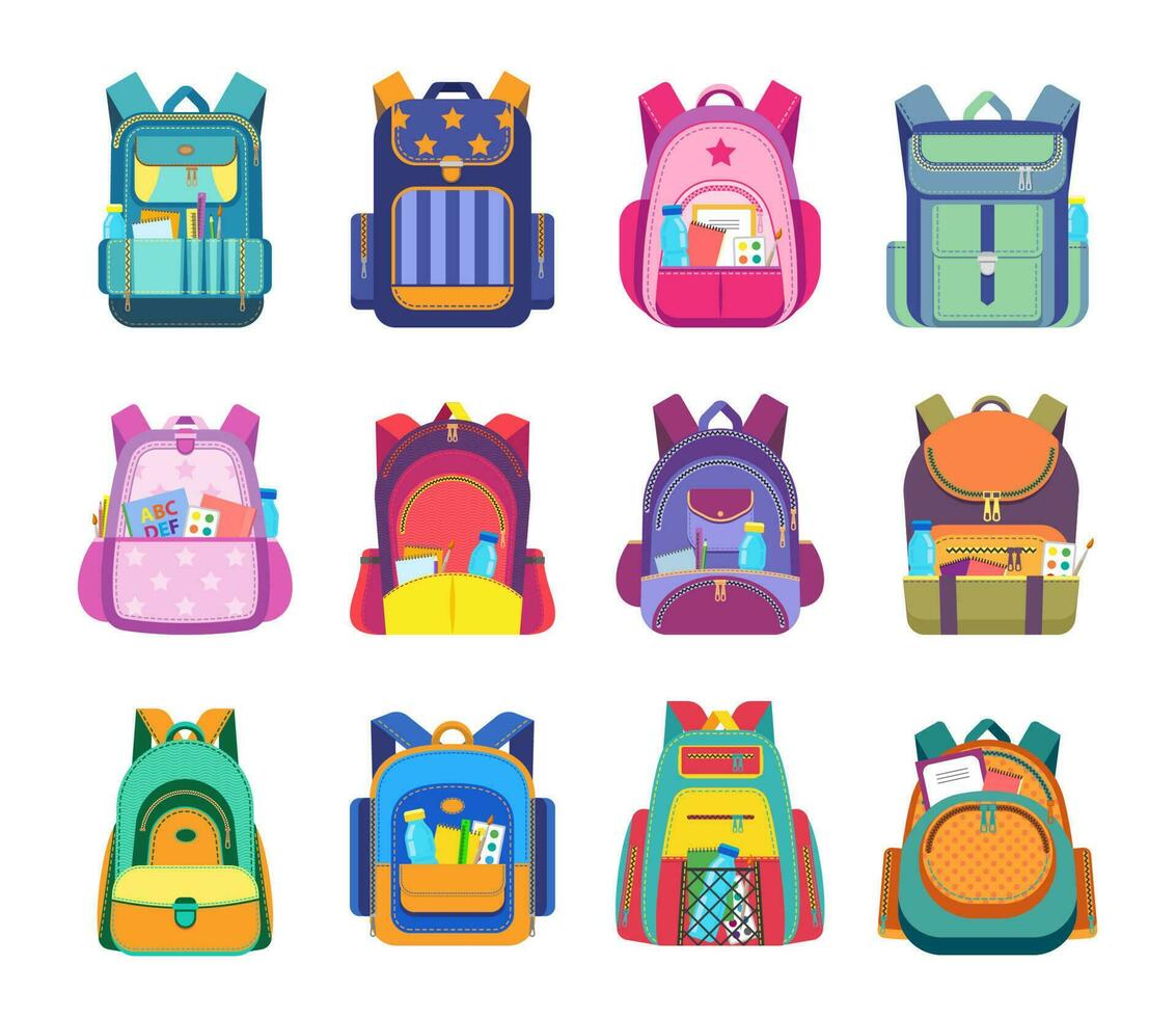 escola bolsa, mochila e aluna mochila ícones vetor