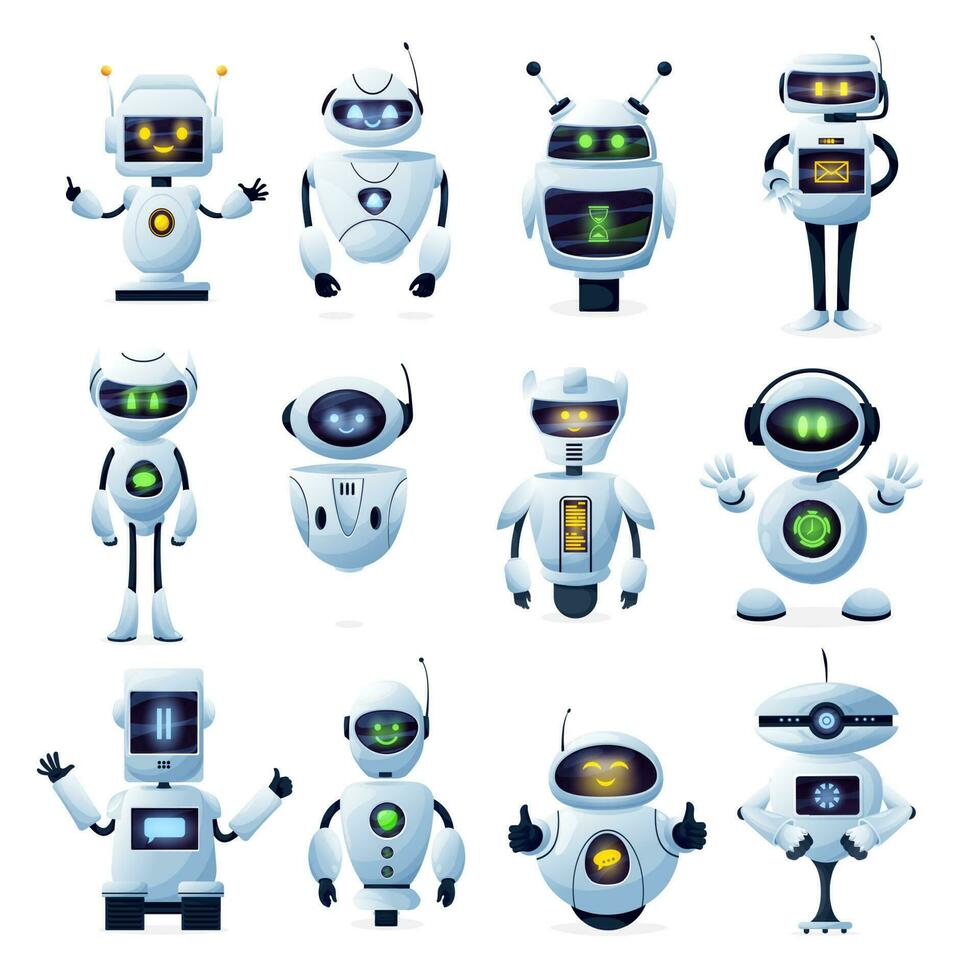 robôs e chatbots, desenho animado ai bots e ciborgues vetor