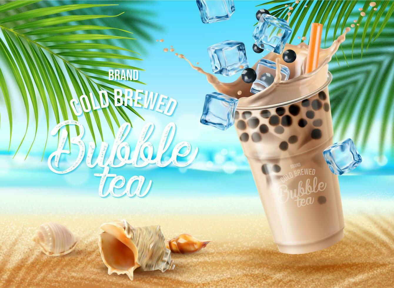 bolha leite chá em verão de praia com Palma folhas vetor