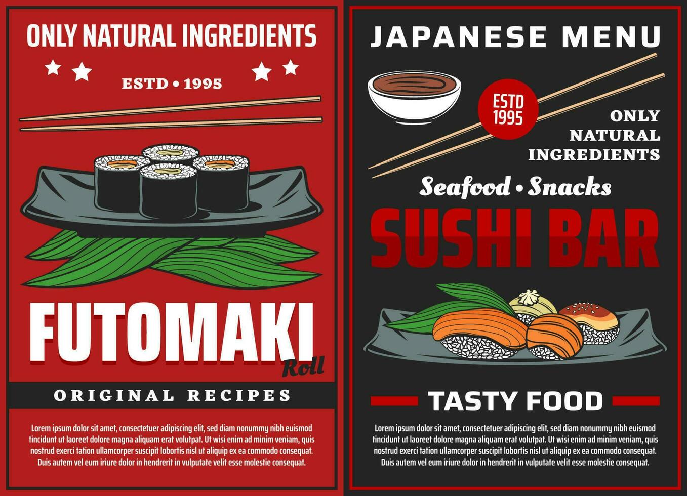 Sushi cartazes japonês cozinha Comida futomaki rolos vetor