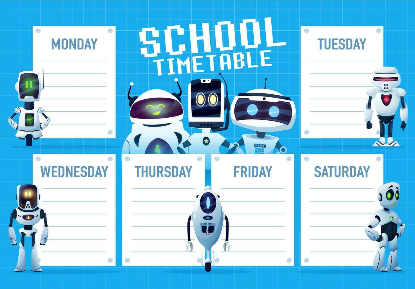calendário cronograma com desenho animado robôs e andróides vetor