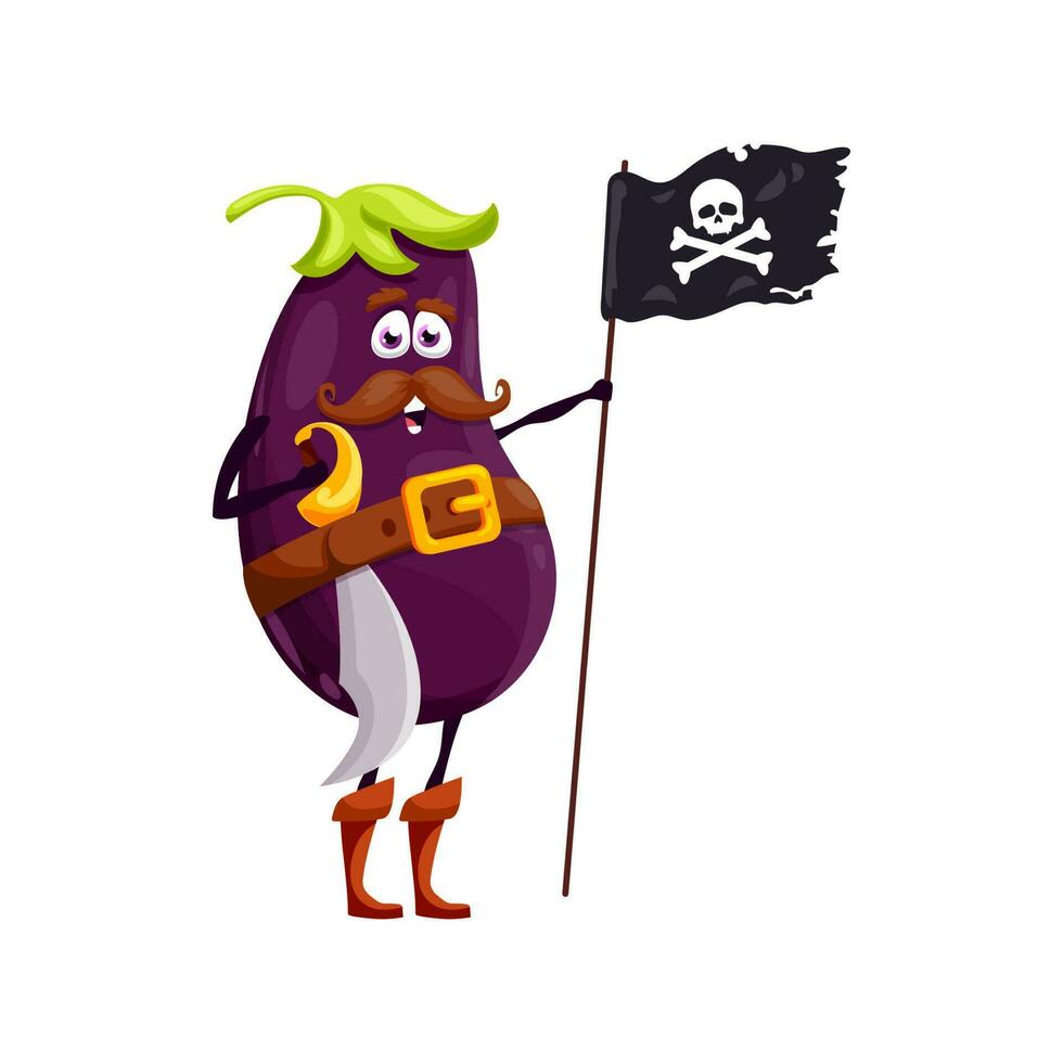 Berinjela pirata desenho animado personagem com Preto bandeira vetor