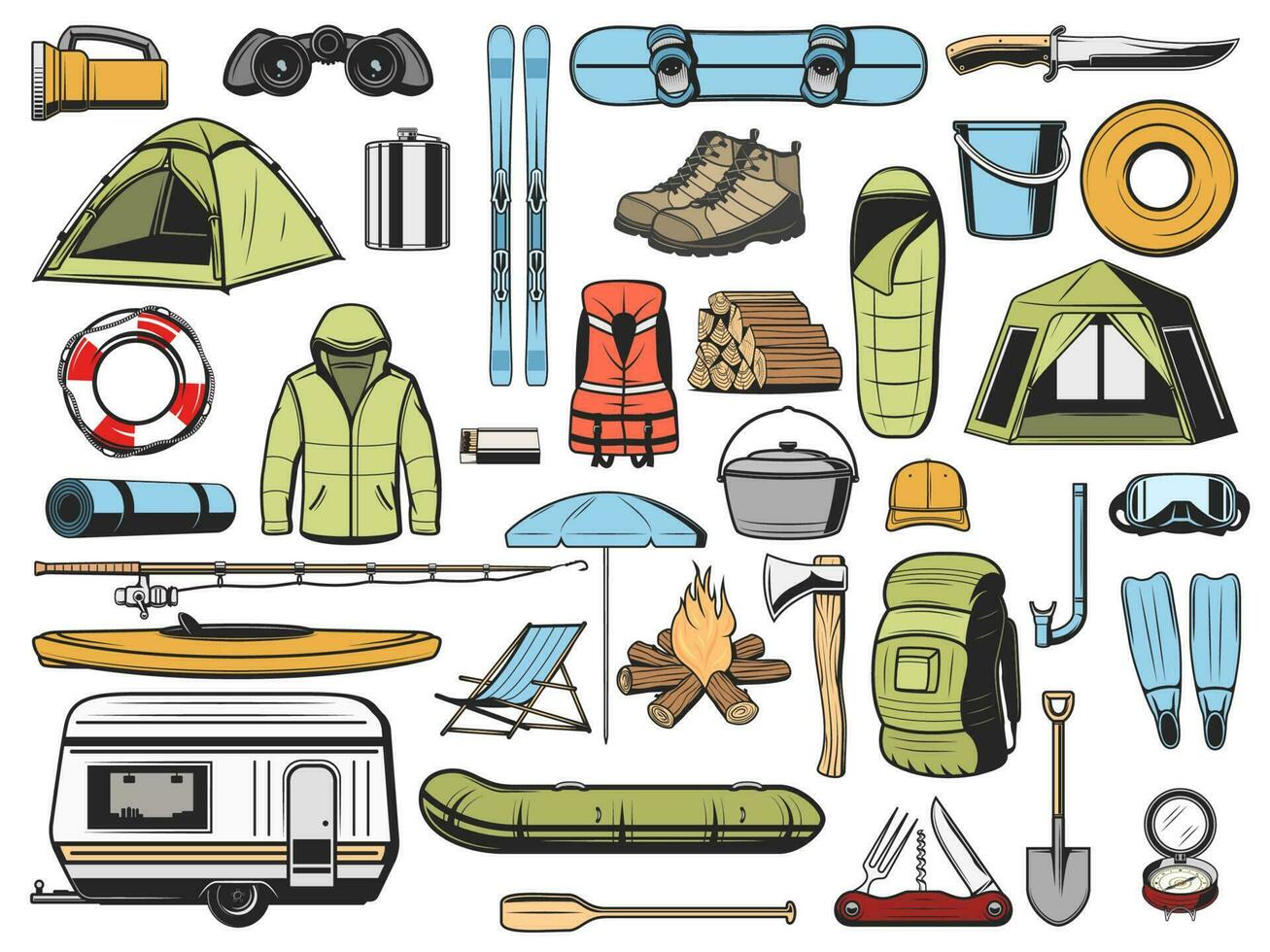 viagem e turismo equipamento, acampamento ícones vetor