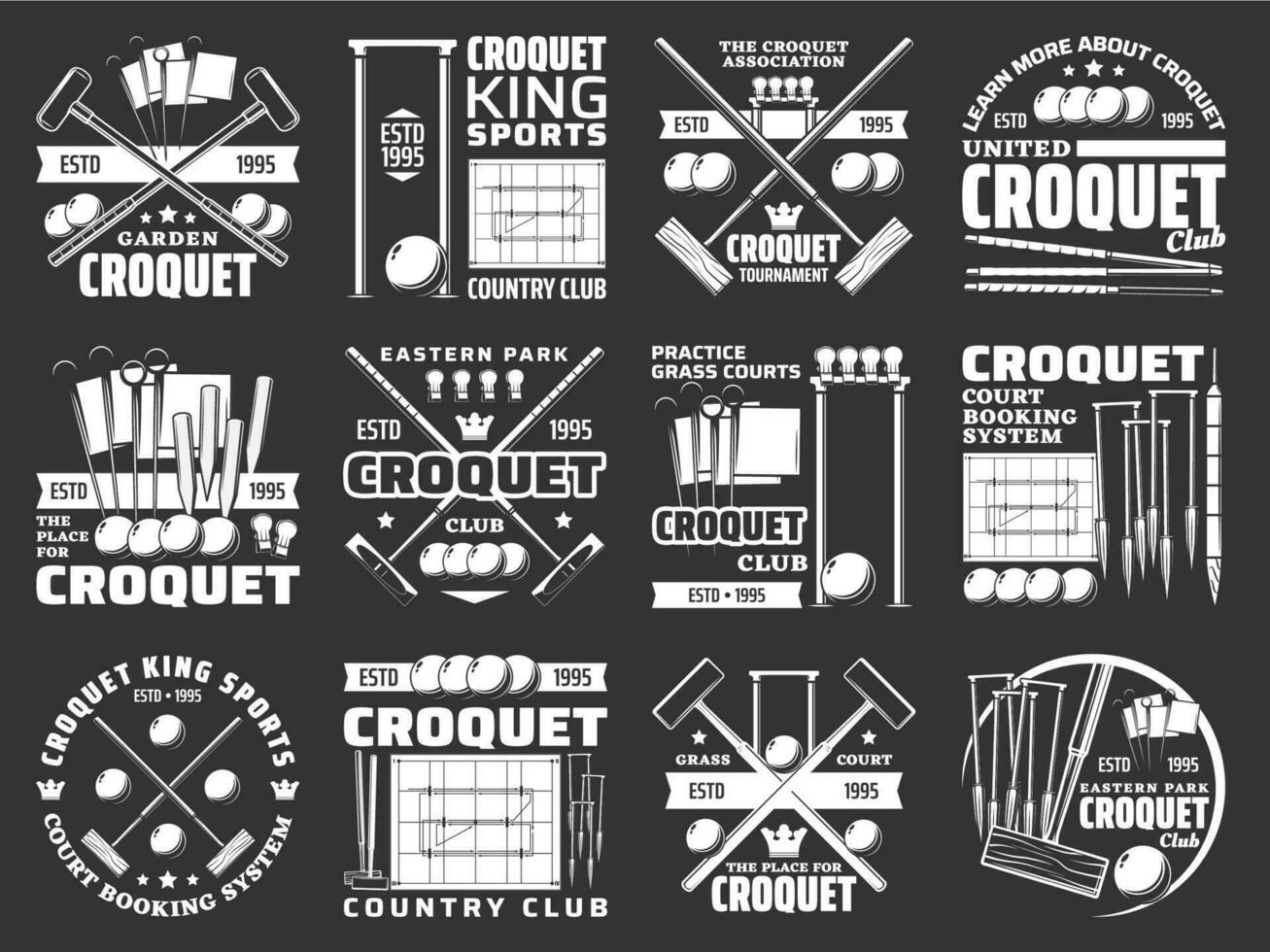 croquet Itens e equipamento ícones, esporte clube placa vetor