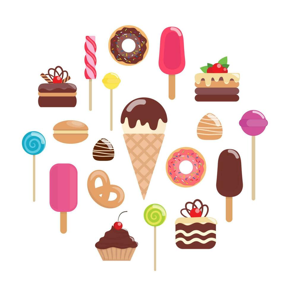 conjunto de vários doces. sorvete, bolo, bolo, rosquinha, biscoito, pirulito, doce, chocolate. ilustração em vetor plana.