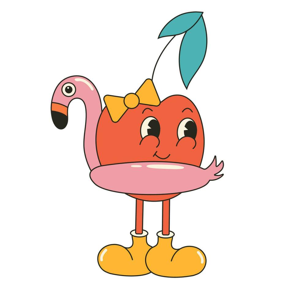 fofa cereja com flamingo natação anel. ano 2000 groovy retro desenho animado personagem adesivo dentro na moda retro estilo, quadrinho mascote personagem. vetor