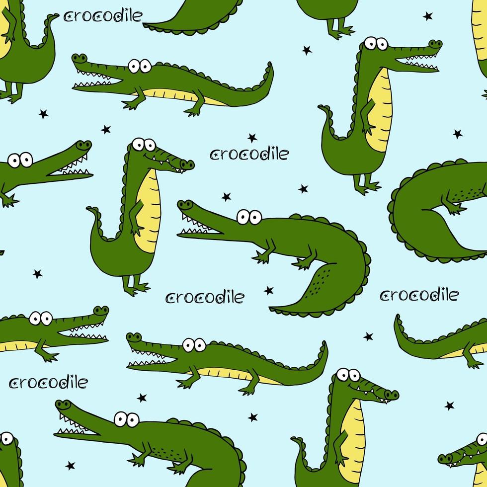 padrão sem emenda com um crocodilo verde bonito. ilustração vetorial para impressão em tecido, papel de embalagem, papel de parede. fundo bonito das crianças. vetor