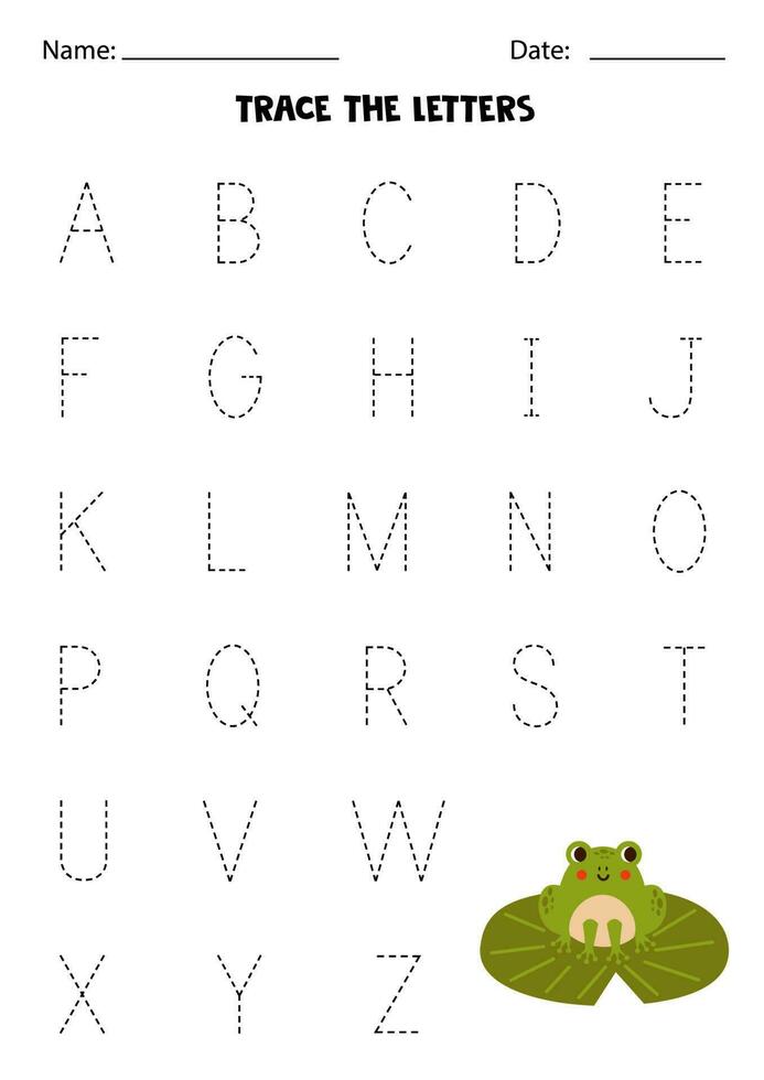 Aprendendo alfabeto. rastreamento cartas. fofa rã. vetor