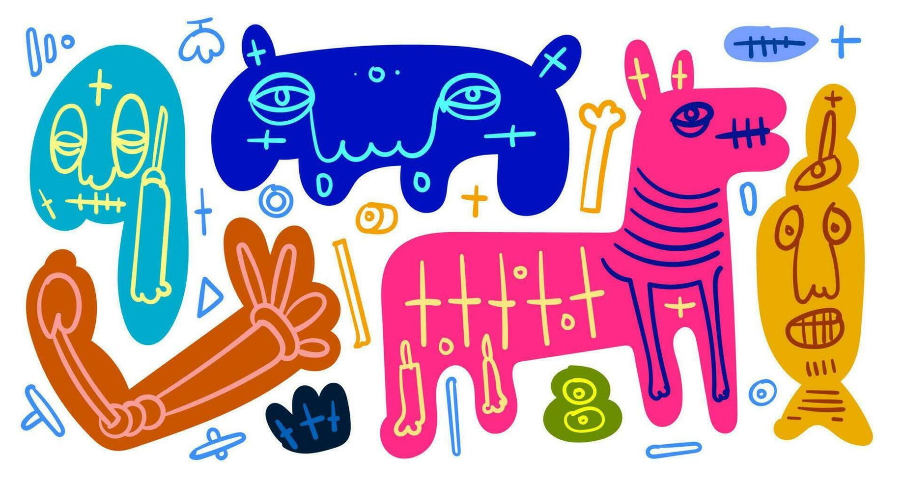 vetor colorida abstrato rabisco arte ilustração animal e humano para verão